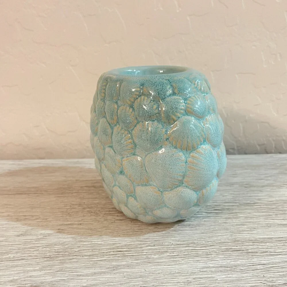 Sanibel Home Blue Sea Shell Candle Holder Votive Ocean Beach Coastal Ceramic